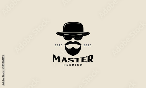 cool man head with sunglasses and beard  hat black logo icon vector design illustration