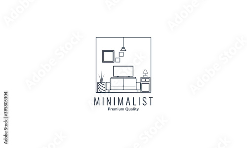 interior furniture living room with television and accessories line logo vector icon design illustration
