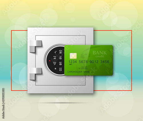 Credit card & Electronic lock picture. Bank door card & image combination lock front side banner. Plastic card & steel safe. Debit card & electromagnetic locking devices chip. Online payment banner