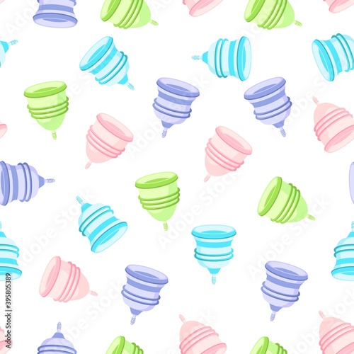 Menstrual cup seamless pattern. Set of menstrual cups on pink background. Women's health.