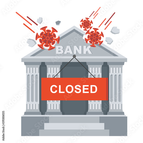 Coronavirus destroys bank building vector illustration. Economic crisis. photo