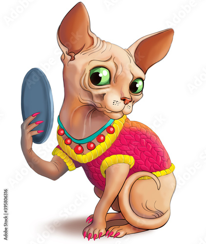 Illustration. A funny sphinx cat in a pink sweater and manicure looks in the mirror and admires himself. He looks playful. 