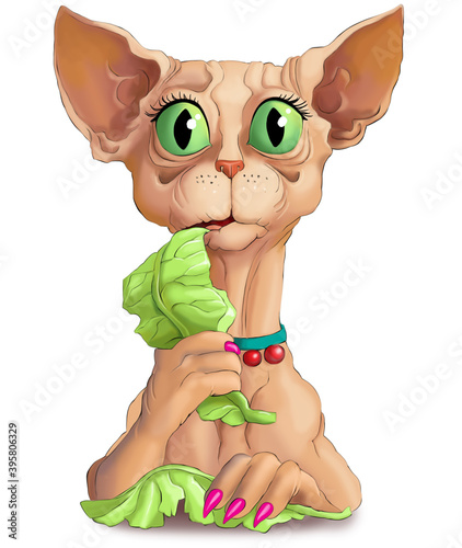 Illustration. Funny vegetarian Sphinx cat chews green lettuce leaves. Concept of a woman on a strict diet who wishes to lose weight.