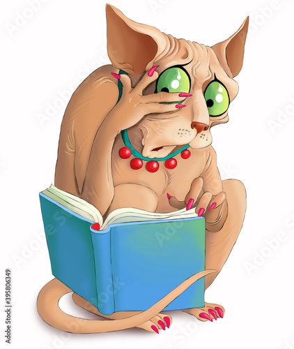 Illustration. A funny Sphinx cat looks emotionally into a book. Confusion and surprise on his face.