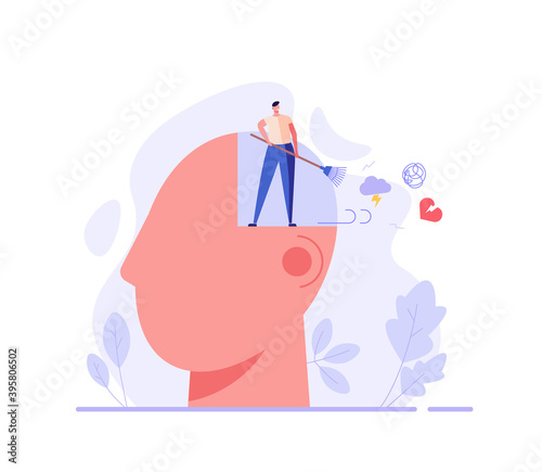 Man with psychological problems tries to help himself. Concept of psychotherapy session, psychological consultation and abstract problems concept. Vector illustration in cartoon design