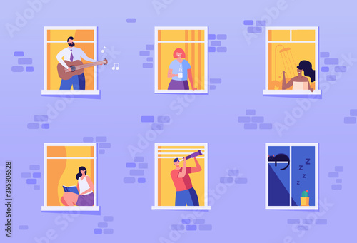 Neighbors drinking coffee, sings songs, reading, peeping. Concept of rest, stay at home, human life, dreaming, relaxation, home cosiness, comfort, romantic, digital detox. Vector illustration in flat
