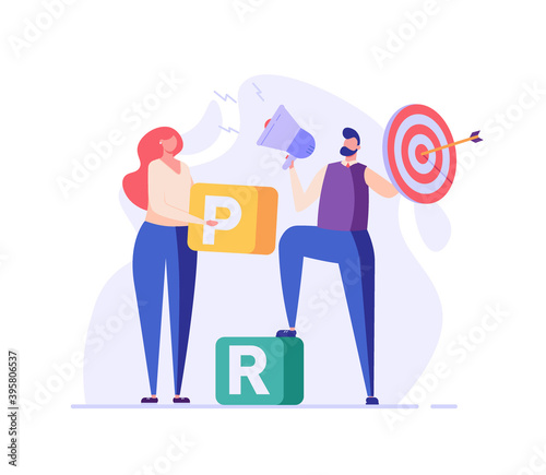 PR manager attracting customers with megaphone. Concept of PR, targeting, marketing. Successful work in Internet. The concept of journalism, target marketing, online advertising in flat design