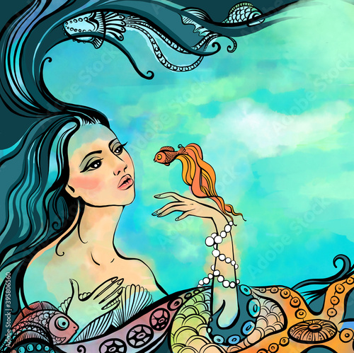 Illustration. A romantic mermaid in the sea plays with a small fish. Background for the inscription.