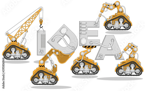 Industrial robots with letters. Isolated on white background. Vector illustration.