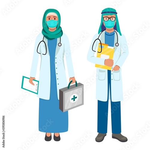 Set of doctors a man and a woman in a medical mask of different skin colors, nationality and ethnic race.The concept of quarantine coronavirus vector character design.