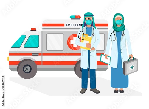 Emergency medical care. Multicolor doctor and nurse. Doctor of different ethnic races. Flat vector style illustration.