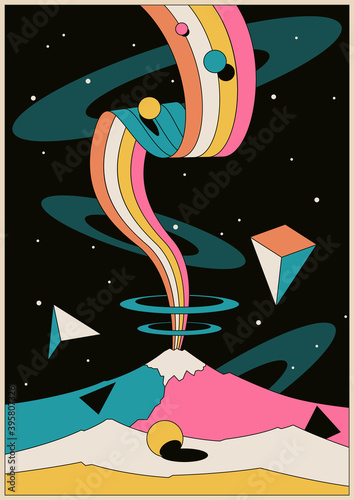 Psychedelic Space Illustration, Abstract Mountain and Sky, Geometric Shapes 1970s-1980 Style 