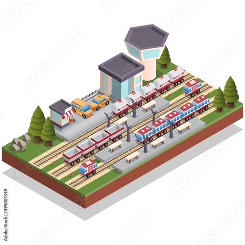 Railway Station. Isometric. Isolated on white background. Vector illustration.
