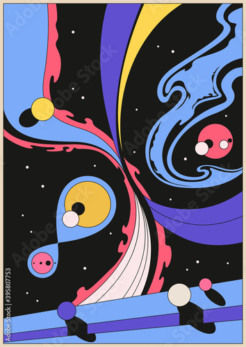 Psychedelic Space Illustration, Abstract Geometric Shapes 1970s-1980s Style 