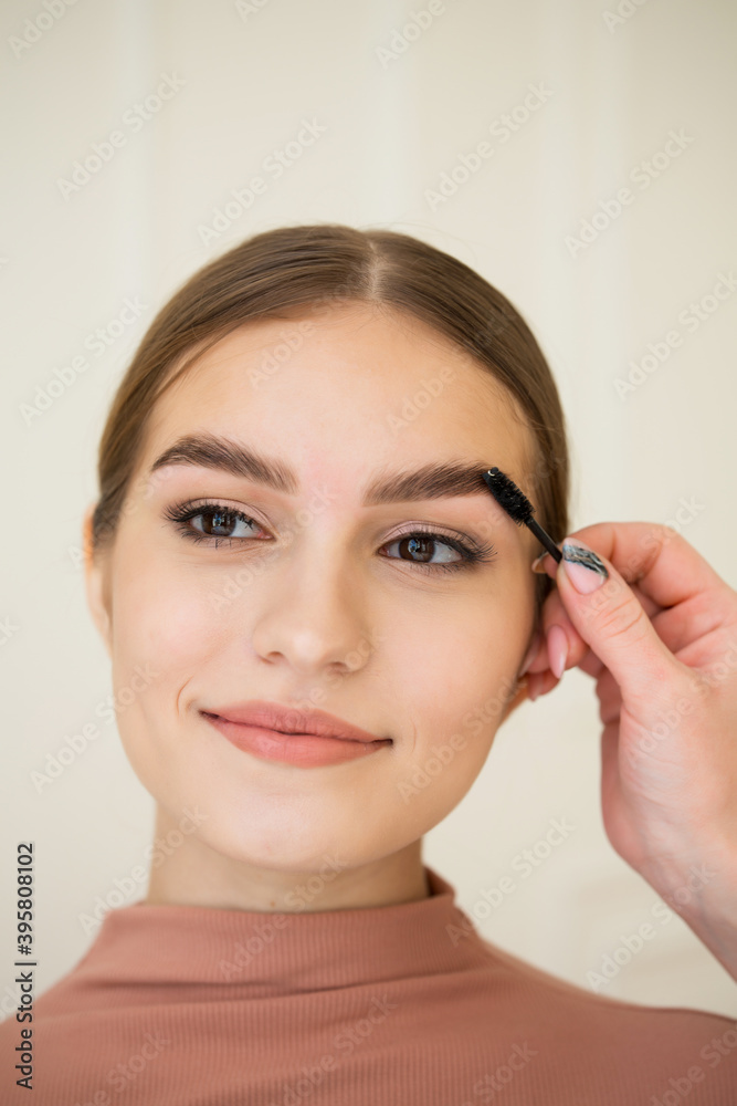 Thick eyebrow of a beautiful girl with an eyebrow dyeing brush.Eyebrow shaping, beautiful eyebrows, makeup