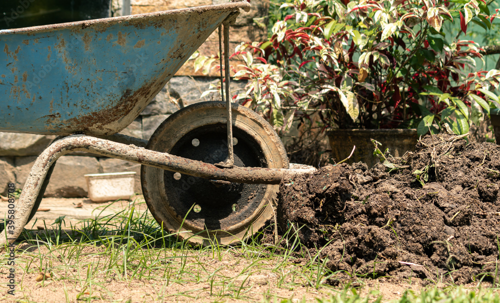 Wheelbarrow in the garden, in the middle of the renovation process. Wheelbarrow in the garden, in the middle of the renovation process.