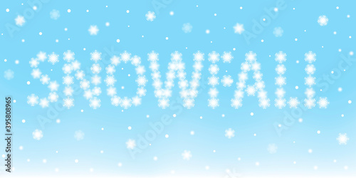 Shiny lettering Snowfall with snowflakes and snow - natural light blue background for winter holiday design