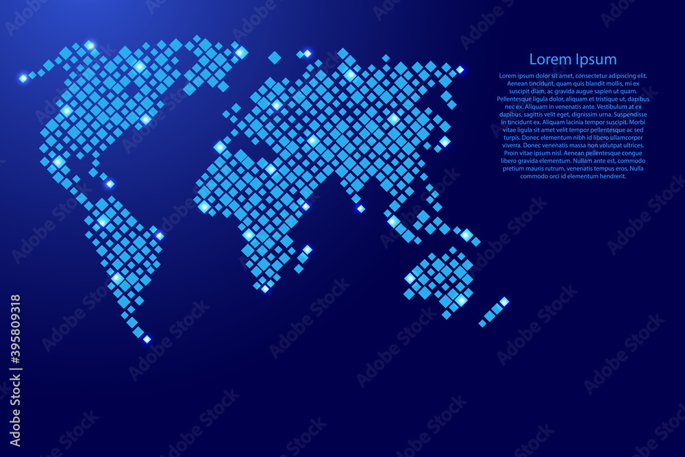 World map from blue pattern rhombuses of different sizes and glowing space stars grid. Vector illustration.