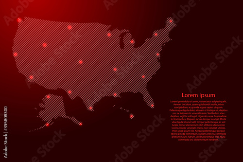 United States of America, USA map from red pattern slanted parallel lines and glowing space stars grid. Vector illustration.