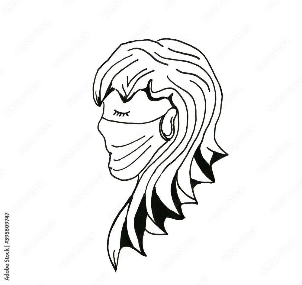 Ink drawn woman face in mask to protect from virus isolated on white background. Ink drawn woman face in mask to protect from virus isolated on white background.