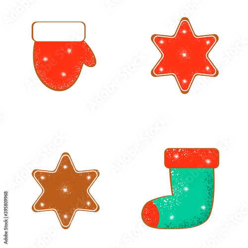 Gingerbread set of cookies in glaze with stars, mitten and sock. Can be used as a seamless pattern or icons for decorating New Year cards and wrapping paper.