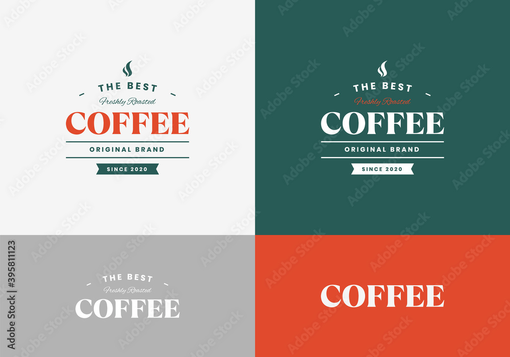 Coffee Logos. Templates for Color and Monochrome Versions. Logotypes Isolated on Clean Background. Vector illustration. Modern and Minimalistic Company Name, Coffee Brand.
