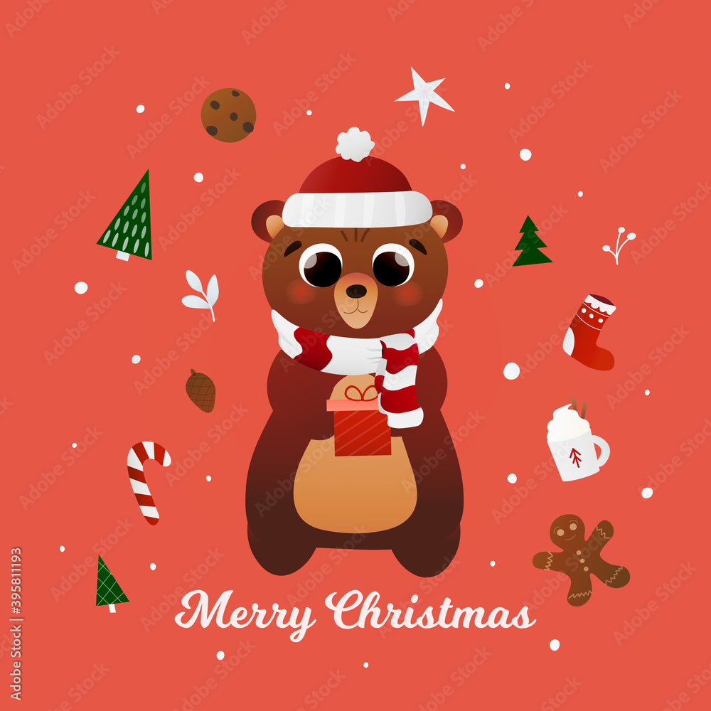 Christmas greeting card for kids with cute bear character in scarf and red hat, holding gift christmas elements around Christmas greeting card for kids with cute bear character in scarf and red hat, holding gift christmas elements around