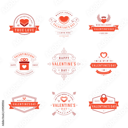 Happy valentines day greetings cards with labels and badges