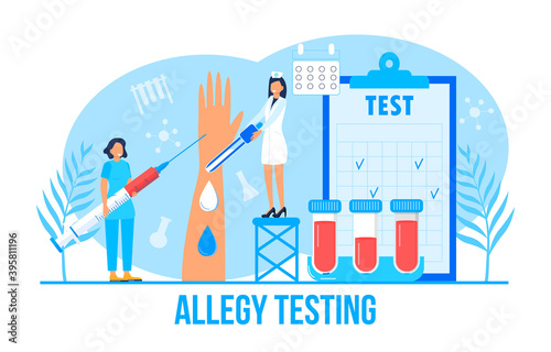 Allergist concept for medical websites and landing pages, blog. Disease of the skin and dermatological problems. Allergy testing illustration. Psoriasis, vitiligo, dermatitis, rash.