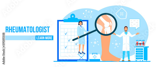 Rheumatologist vector concept. Osteoporosis world day. Tiny doctors research and treat osteoarthritis anatomical bones of human. Knee joint pain, fragility of lower leg are shown
