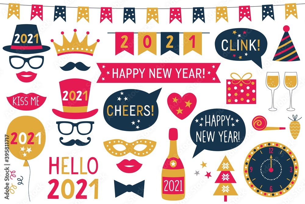 New Year 2021 vector photo booth props - hats, eyeglasses, lips, mustaches New Year 2021 vector photo booth props - hats, eyeglasses, lips, mustaches