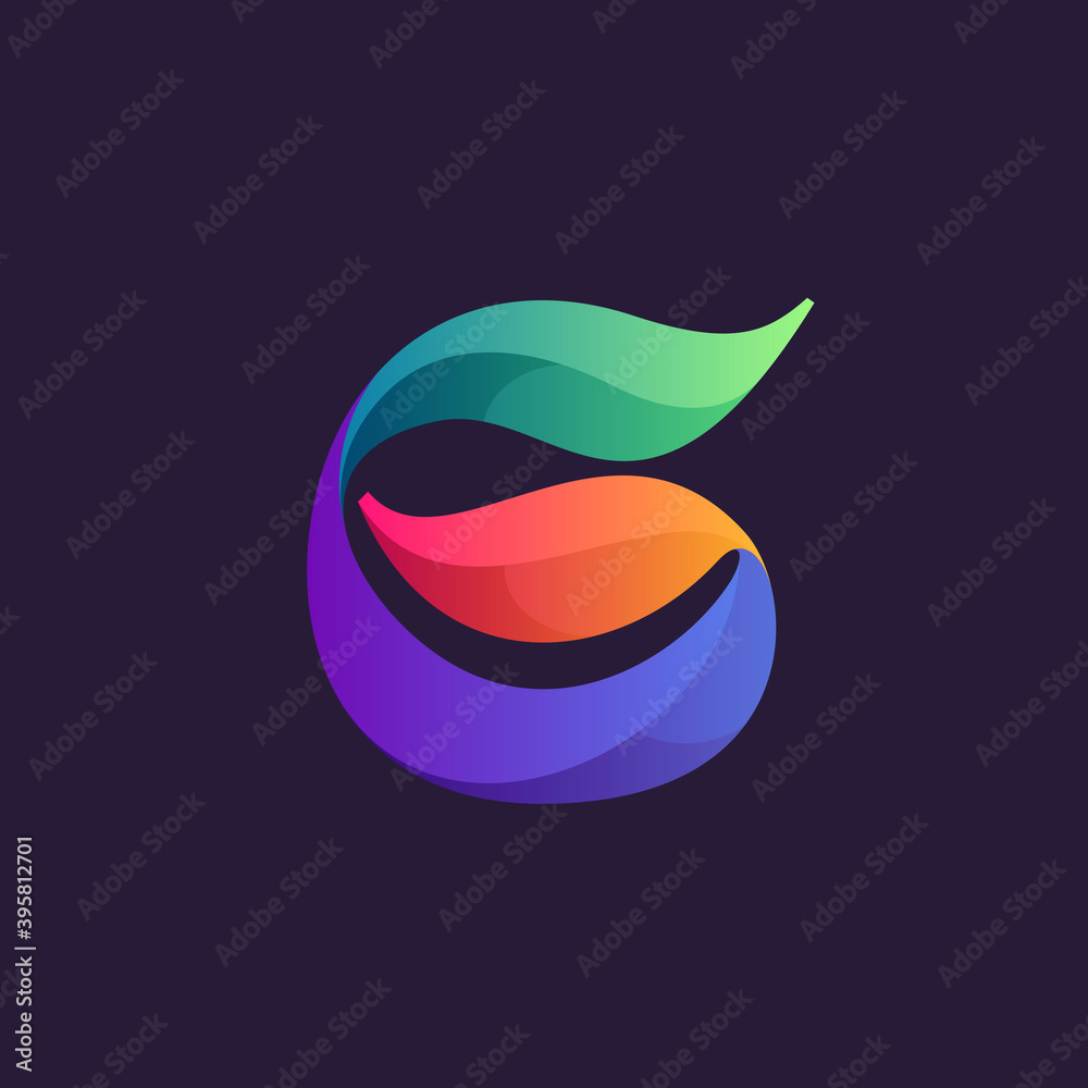 Vibrant calligraphy number six logo with colorful gradients. Stock