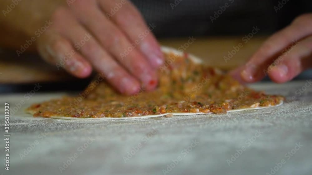 preparation for lahmacun, traditional food of Levant