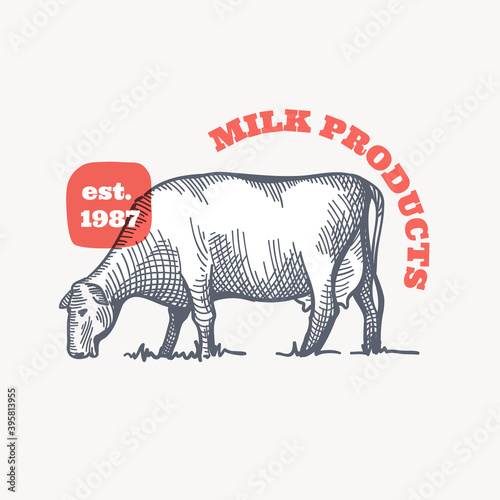 Farm cow emblem in classic elegance engraving style.