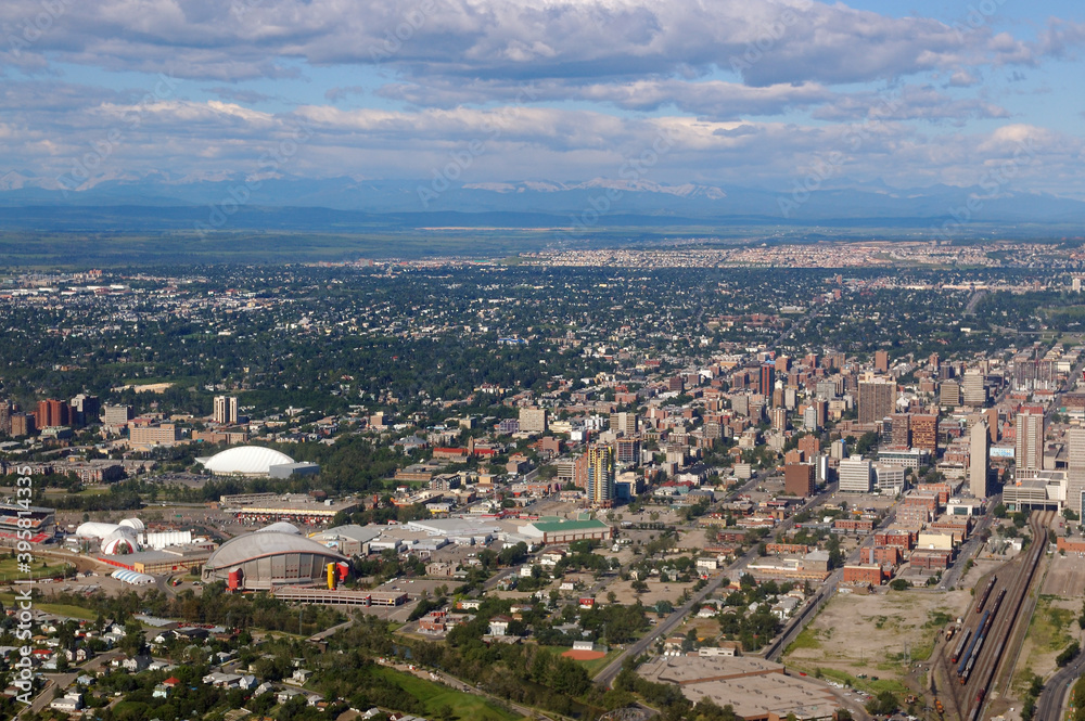 Aerial view of downtown Calgary sports centres