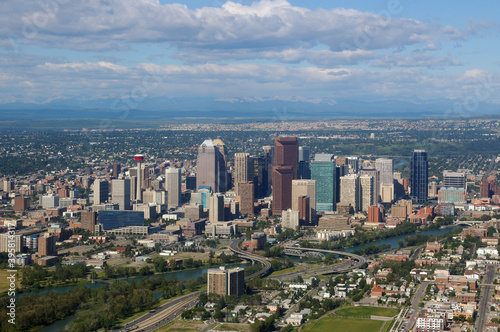Aerial view of downtown Calgary highrise towers