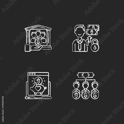 Digital crowdfunding platforms chalk white icons set on black background. Peer to peer lending strategy. Helping other people with money. Isolated vector chalkboard illustrations