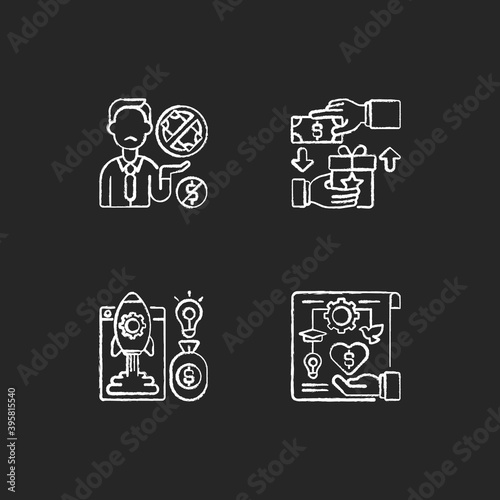 Crowdfunding issues chalk white icons set on black background. Reward based crowdfunding. Donor exhaustion issues. For or non profit project. Isolated vector chalkboard illustrations