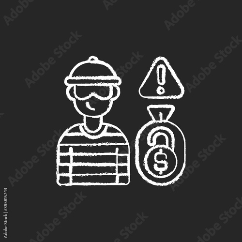 Funding quackery chalk white icon on black background. Stealing money from different people using crowdfunding platforms. Lying about project. Isolated vector chalkboard illustration