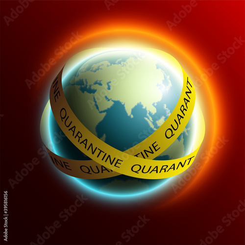 Realistic Planet Earth Behind Quarantine Tape photo