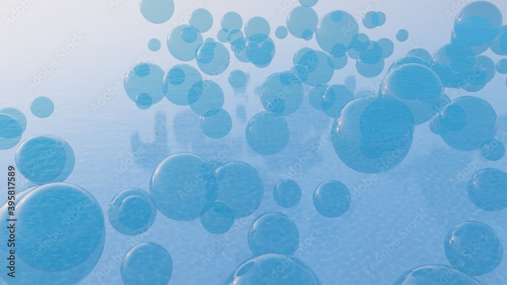 Abstract background of blue bubbles in air 3d render
