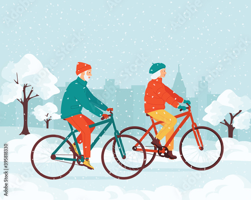 Healthy happy elderly gray-haired man and woman riding bicycles in winter in a city park. Outdoor activities concept for retired elderly couple. Active healthy seniors. Isolated vector illustration
