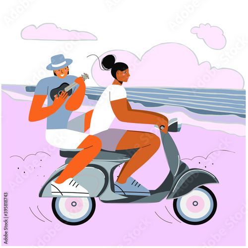 a girl and a guy on a scooter ride along the sea, a guy plays a ukulele