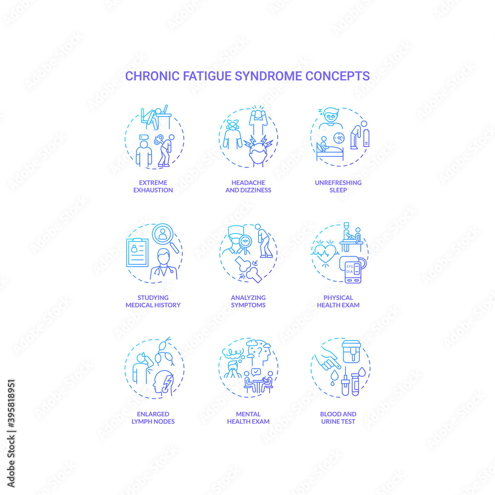 Chronic fatigue syndrome concept icons set. Extreme exhaustion idea thin line RGB color illustrations. Unrefreshing sleep. Physical health exam. Analyzing symptoms. Vector isolated outline drawings