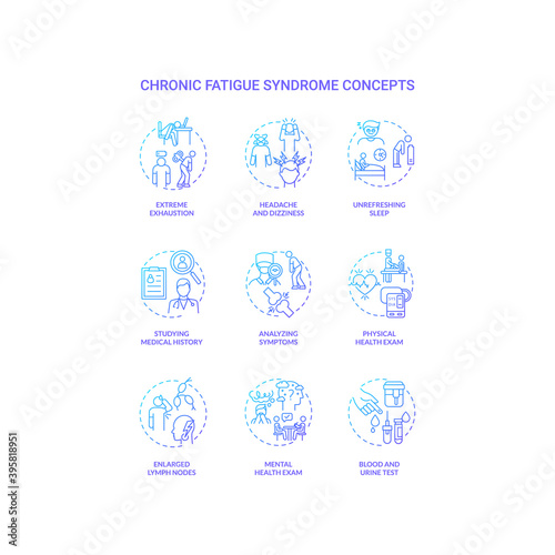 Chronic fatigue syndrome concept icons set. Extreme exhaustion idea thin line RGB color illustrations. Unrefreshing sleep. Physical health exam. Analyzing symptoms. Vector isolated outline drawings © bsd studio