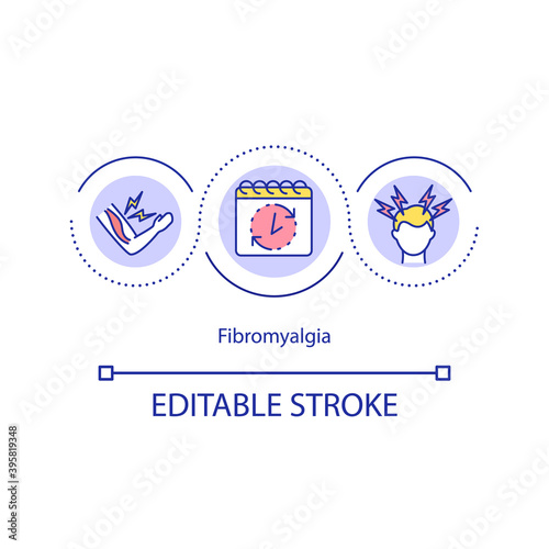 Fibromyalgia concept icon. Medical condition characterized by chronic widespread pain. Health issues idea thin line illustration. Vector isolated outline RGB color drawing. Editable stroke