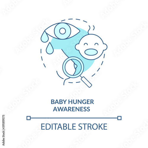 Baby hunger awareness concept icon. Breastfeeding tips. Children crying for eating time. Newborns want to drink idea thin line illustration. Vector isolated outline RGB color drawing. Editable stroke