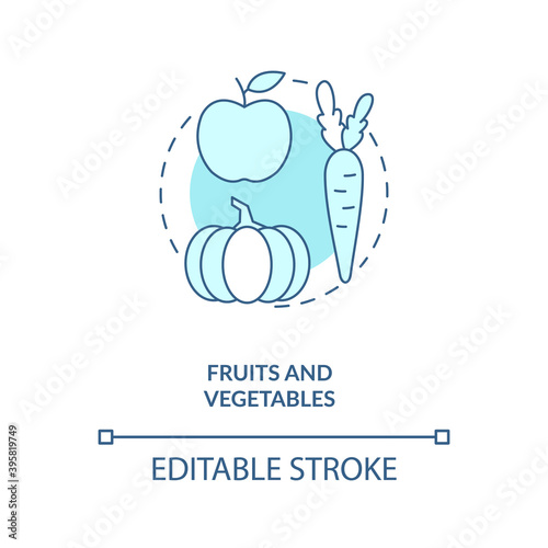 Fruits and vegetables concept icon. Healthy breastfeeding diet. Giving only fresh foods to your child idea thin line illustration. Vector isolated outline RGB color drawing. Editable stroke
