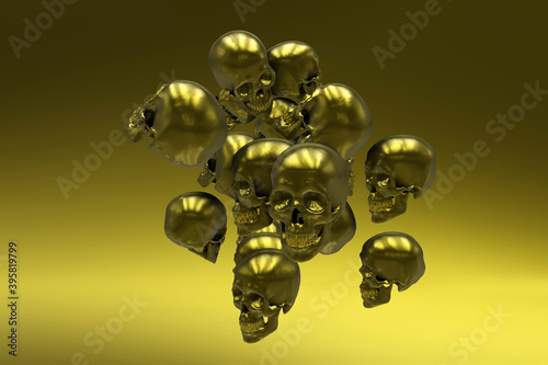 Fototapeta Naklejka Na Ścianę i Meble -  a lot of human golden skulls fly on golden background, 3d render