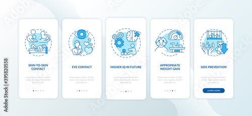 Breastfeeding pros onboarding mobile app page screen with concepts. Higher IQ of baby in future walkthrough 5 steps graphic instructions. UI vector template with RGB color illustrations